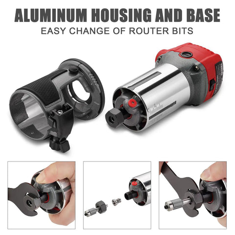 Smooth Operator Corded Wood Router With Variable Speed And 15 Pc Bit Set showing aluminum housing and base for easy bit changes.