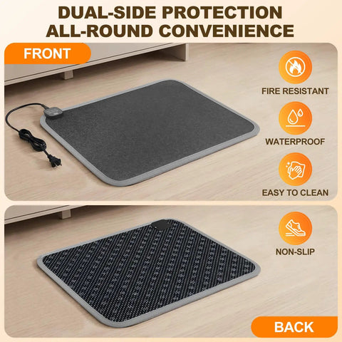 Graphene Heated Floor Mat For Cold Feet With 110V Adjustable Temperature Under Desk Electric Heater With Timer, front and back view