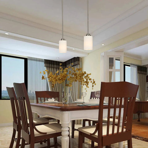 Dining room with 2 Pack Mini Pendant Lights For Kitchen Island Adjustable Height Indoor Modern Pendant Lighting Brushed Nickel With Milky White Frosted Glass Shades hanging above table