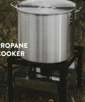 Seafood Boil Kit With Propane Burner And Regulator, 60 Quart Pot With Basket on outdoor cooker in backyard setting