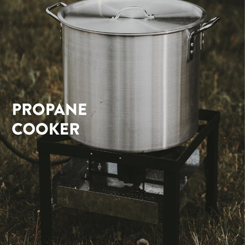 Seafood Boil Kit With Propane Burner And Regulator, 60 Quart Pot With Basket on outdoor cooker in backyard setting