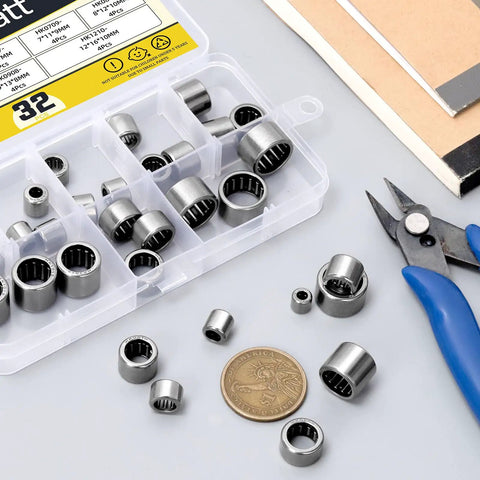 Needle Roller Bearing Kit Set, 32 Pieces In 8 Sizes, Drawn Cup Open End Bearings, From 3x6.5x6mm To 12x16x10mm, Includes Storage Box