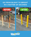 Hella Tough Black Bollard Cover For Six Inch Steel Pipe 52 Inch Tall Dome Top Zero Sweat Install Adhesive Tape included, before and after comparison.