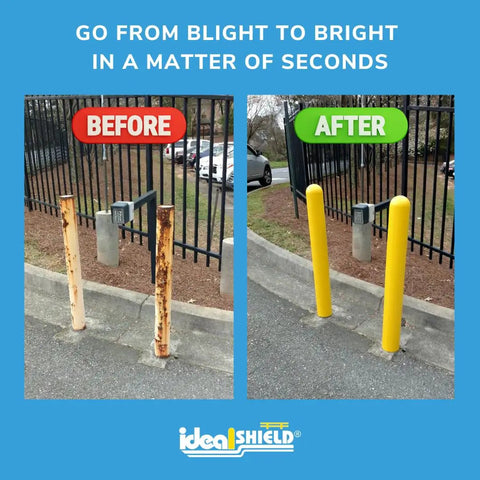 Heavy Duty Red Safety Bollard Cover Fits 6 Inch Steel Pipe, Built Like A Tank Protective Sleeve, vibrant yellow post transformation