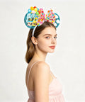 Side view of model wearing Blue Balloon Hut Sequin Ears Headband With Cloud Confetti Bow And Balloon House Charms for outings