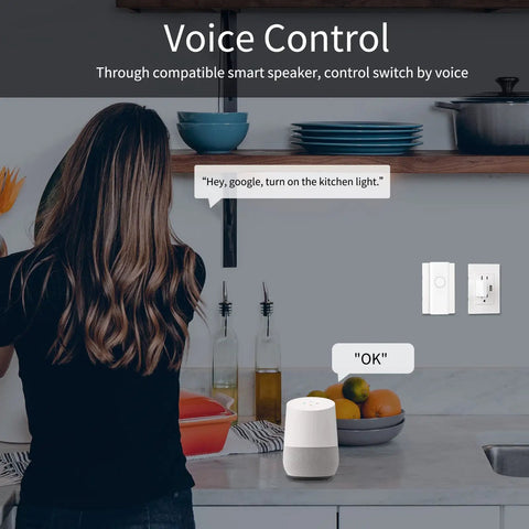 Smart Switch Start Kit With Zigbee Hub, No Wiring Needed, in kitchen with voice-controlled smart speaker and visible switch