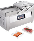Chamber Vacuum Sealer With 1200 Watts And A Generous 23 Inch Seal Bar, stainless steel, packaging raw salmon and steak.