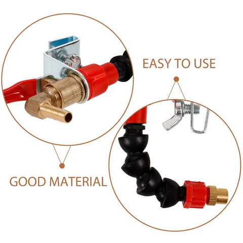 Built Right Angle Grinder Water Sprayer Nozzle Stainless Steel Coolant Kit For Zero Hassle Dust Cleanup And Smooth Marble Cutting Killer Mist Head Accessory with bronze and red connectors.