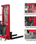 Rock Solid Electric Pallet Stacker With 3300 Lbs Load Capacity And 118 Inch Max Lift Height featuring red C-shaped steel frame and electric switch.
