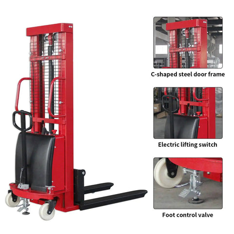 Rock Solid Electric Pallet Stacker With 3300 Lbs Load Capacity And 118 Inch Max Lift Height featuring red C-shaped steel frame and electric switch.