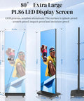 Slick Big 80 Inch P1.86 Flexible Led Screen Digital Signage Display Black Duo Pack showcasing dimensions and vivid video.