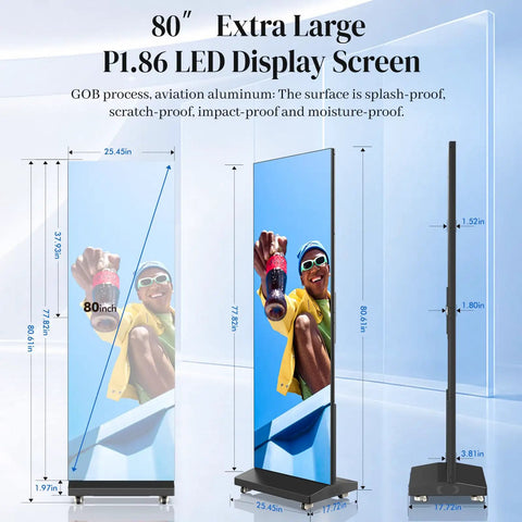 Slick Big 80 Inch P1.86 Flexible Led Screen Digital Signage Display Black Duo Pack showcasing dimensions and vivid video.