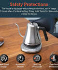 Cosori Gooseneck Electric Kettle 0.8 Liters Silver Precision Pour Over Coffee And Tea Maker with safety protections on table.