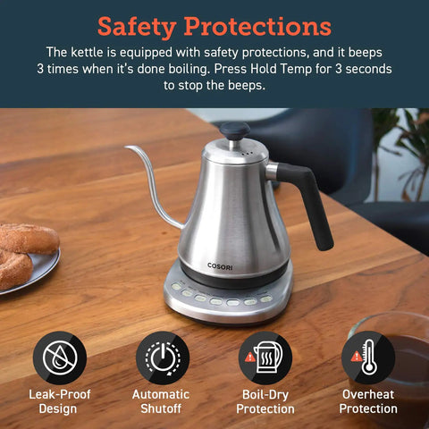 Cosori Gooseneck Electric Kettle 0.8 Liters Silver Precision Pour Over Coffee And Tea Maker with safety protections on table.