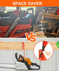 Comparison image showing before and after use of 3 In 1 Chainsaw Holder Wall Mount Heavy Duty 10 Inch Steel Rack With Vertical Or Horizontal Storage 180 Lbs Capacity Built In Accessory Holes For File Wrench And Screwdriver Garage Organizer For Chainsaw Tools, highlighting space-saving benefits and bonus holes for tools.