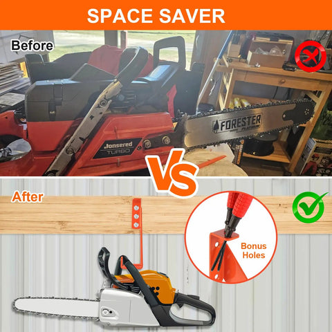 Comparison image showing before and after use of 3 In 1 Chainsaw Holder Wall Mount Heavy Duty 10 Inch Steel Rack With Vertical Or Horizontal Storage 180 Lbs Capacity Built In Accessory Holes For File Wrench And Screwdriver Garage Organizer For Chainsaw Tools, highlighting space-saving benefits and bonus holes for tools.