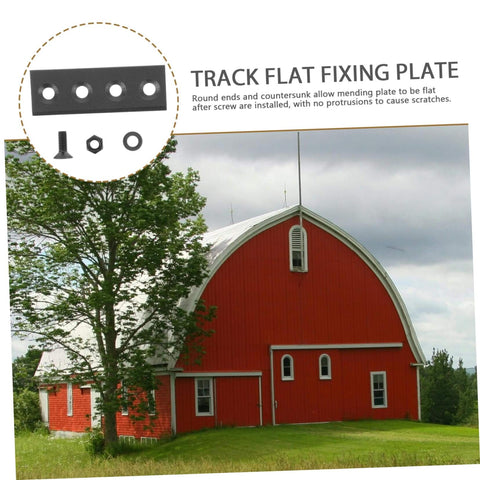 Sliding Barn Door Track Connector Set Replacement Mending Plates with mounting hardware shown against a red barn backdrop.