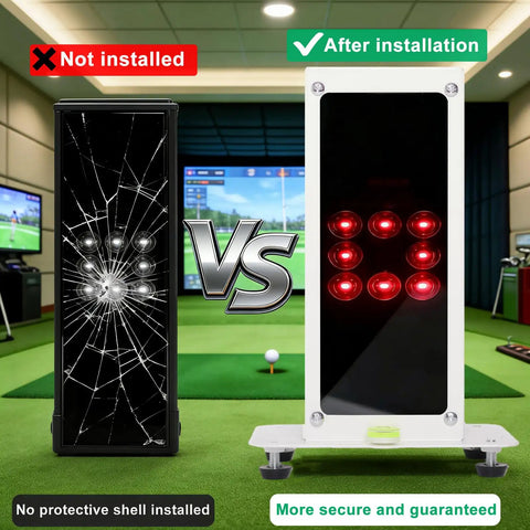 Comparison of damaged monitor with Durable Metal Protective Case For Square Golf Launch Monitor With Leveling Stand installed.