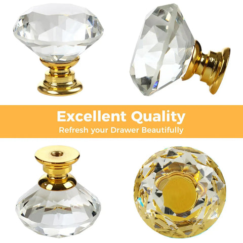 Multiple views of Crystal Cabinet Knobs 30mm Diamond Drawer Pulls Set Of 26 With Gold Base 1-1/4 Inch Diameter for cabinets and drawers