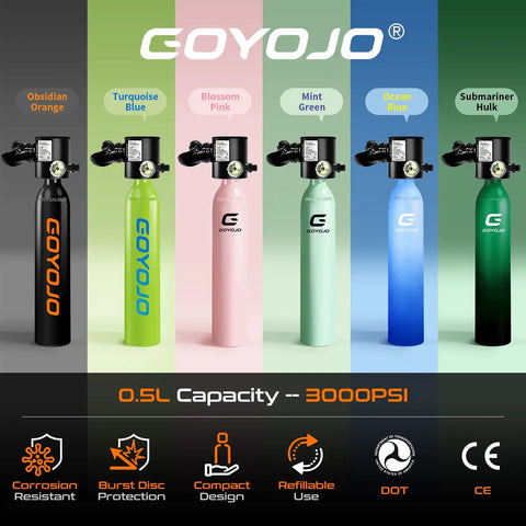 Five 0.5L Mini Scuba Tank Portable Backup Air for Snorkeling and Training, 3000 PSI bottles in various colors on display