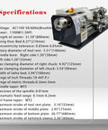 Specifications of Jaryannix 8x32 Inch Mini Metal Lathe, 1100W Benchtop Machine with detailed measurements and features.