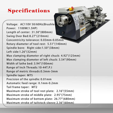 Specifications of Jaryannix 8x32 Inch Mini Metal Lathe, 1100W Benchtop Machine with detailed measurements and features.