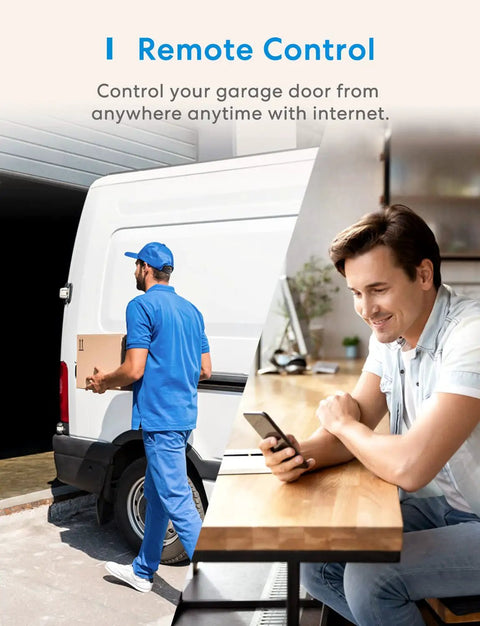 Smart Garage Door Opener Remote With App Control And Alexa SmartThings Compatibility, man using phone, delivery van