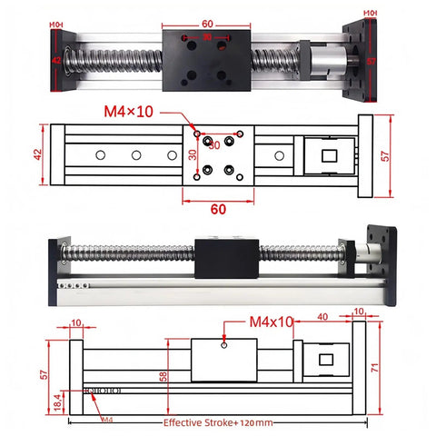 Technical diagram of 4 Inch Stroke Linear Stage With 1605 Ballscrew And Mini Single Linear Guide Rail for DIY CNC setup.