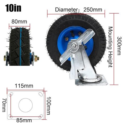 Premium Heavy Duty Pneumatic Rubber Swivel Caster Wheels With Locking Brakes, 10in diameter, featuring durable tread for smooth rolling.