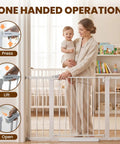 Mother and child using extra wide baby gate for stairs and doorways 29.7 to 46 inch adjustable pressure mounted walk through pet gate auto close white metal safety gate for toddlers and dogs indoor use
