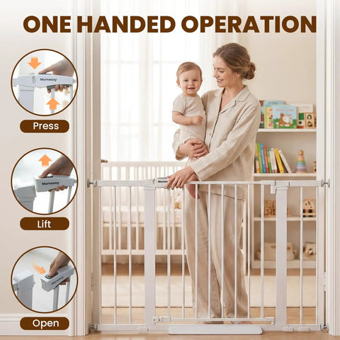 Mother and child using extra wide baby gate for stairs and doorways 29.7 to 46 inch adjustable pressure mounted walk through pet gate auto close white metal safety gate for toddlers and dogs indoor use