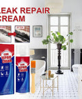 Leak Repair Cream set in bathroom with before and after repair images, showing application on window frames and concrete walls.
