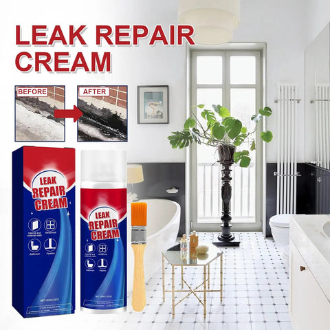 Leak Repair Cream set in bathroom with before and after repair images, showing application on window frames and concrete walls.