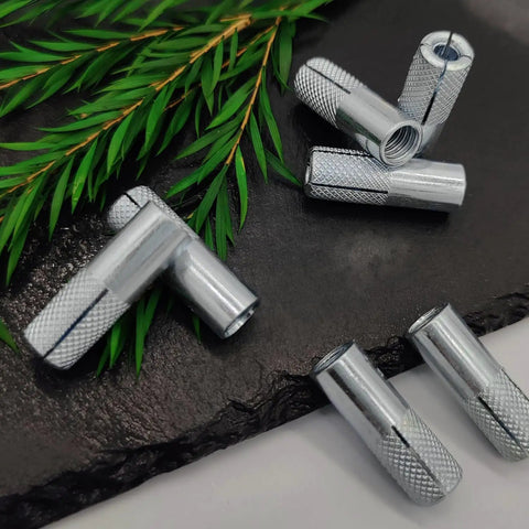 Heavy Duty 12 Pack Knurled Drop In Anchors for Solid Concrete Three Eighths Inch Sixteen Thread Carbon Steel Internal Forced Expansion Bolts with Silver Zinc Coat Ferrtitan Ideal For Contractors