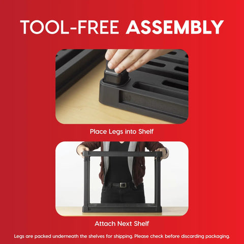 Tool-free assembly of Four Shelf Beefy Heavy Duty Plastic Storage Shelves With 600 Pound Capacity showing leg placement and attachment.
