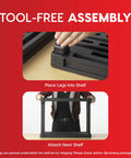 Assembling Super Slim 5 Tier Plastic Storage Shelves In Black with tool-free leg attachment process.