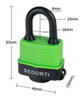 Colored Waterproof Padlocks Set With Keyed Alike Locks, Heavy Duty Laminated Steel Outdoor Lock in Green Cover with measurements.