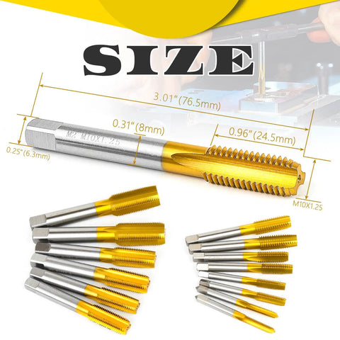 Two Pack M10 X 1.25 Thread Tap Set HSS with size measurements displayed, detailing titanium plated finish and M2 steel material.