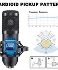 BM-800 mic showing cardioid pickup, frequency graph, part of Dual Podcast Gear Bundle For Two With V8s Voice Changer And BM 800 Studio Condenser Microphones All In One Streaming And Recording Kit For Podcasting Voiceovers Singing Gaming And Live Broadcasts.