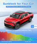 Premium Foldable Sunroof Shades For 2024 2025 2026 Chevy Silverado EV And GMC Sierra EV on red truck blocking UV rays.
