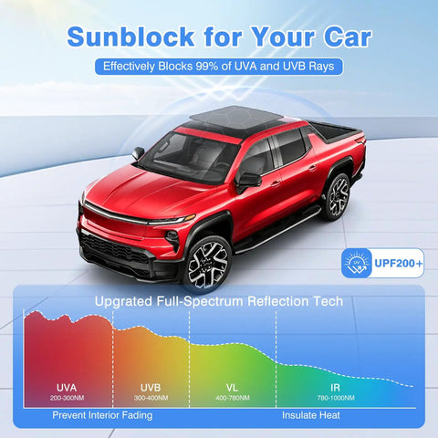 Premium Foldable Sunroof Shades For 2024 2025 2026 Chevy Silverado EV And GMC Sierra EV on red truck blocking UV rays.