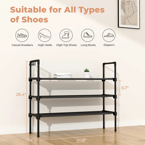Three Tier Shoe Rack Organizer With Five Hooks For Closet, Stackable Free Standing Shoe Storage For Sneakers And Boots