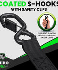 Close-up of coated S-hook with safety clip for Retractable Ratchet Straps 4 Pack 1 Inch By 10 Foot Auto Self Retracting Tie Downs.