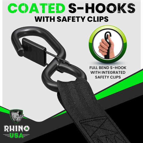 Close-up of coated S-hook with safety clip for Retractable Ratchet Straps 4 Pack 1 Inch By 10 Foot Auto Self Retracting Tie Downs.