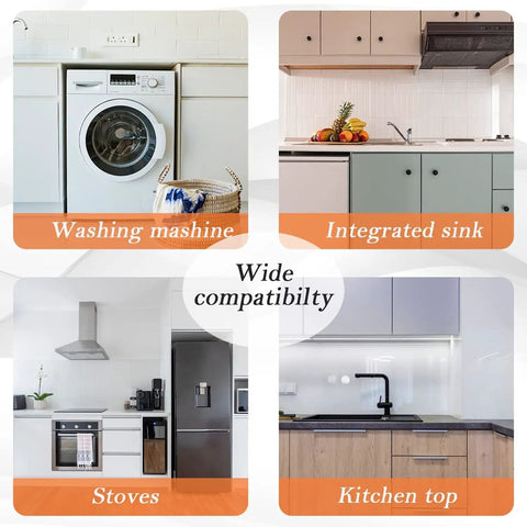 Image of four kitchen sections showing wide compatibility for a stainless steel stove gap cover with buckle installation.