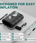 Portable 12V Tire Inflator With Analog Gauge, 100 PSI Quick Air Pump for Cars, cord, hose, spare fuse, and nozzles shown