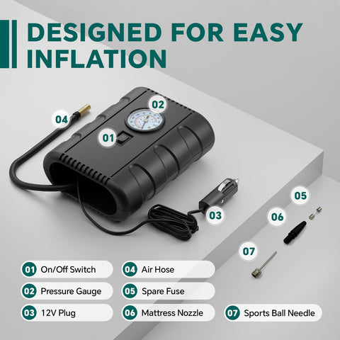 Portable 12V Tire Inflator With Analog Gauge, 100 PSI Quick Air Pump for Cars, cord, hose, spare fuse, and nozzles shown