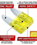 Close-up of a yellow zinc alloy blade fuse labeled '20', highlighting transparent plastic and safety features in 600 Piece Car Blade Zinc Fuse Kit.