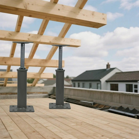 Heavy Duty Adjustable Floor Jacks, 11.8 to 16 Inch Telescoping Height, 11,000 Lb Capacity Per Jack, 2 Pack, shown installed on a wooden structure.
