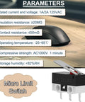 20 Piece Micro Limit Switch Set NO NC With Hinge Lever 3 Pin 125V 1A Momentary Button for DIY electronics, parameters shown.